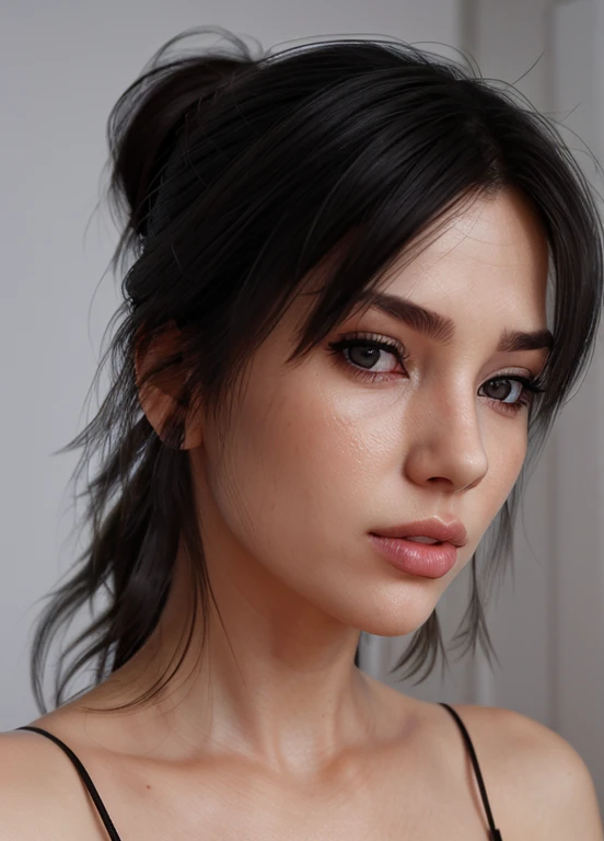 closeup portraits of woman, soft and dreamy portraits, beautiful, realism, mc-caroline, ponytail hair, black hair, glamour boutique, looking at viewer,