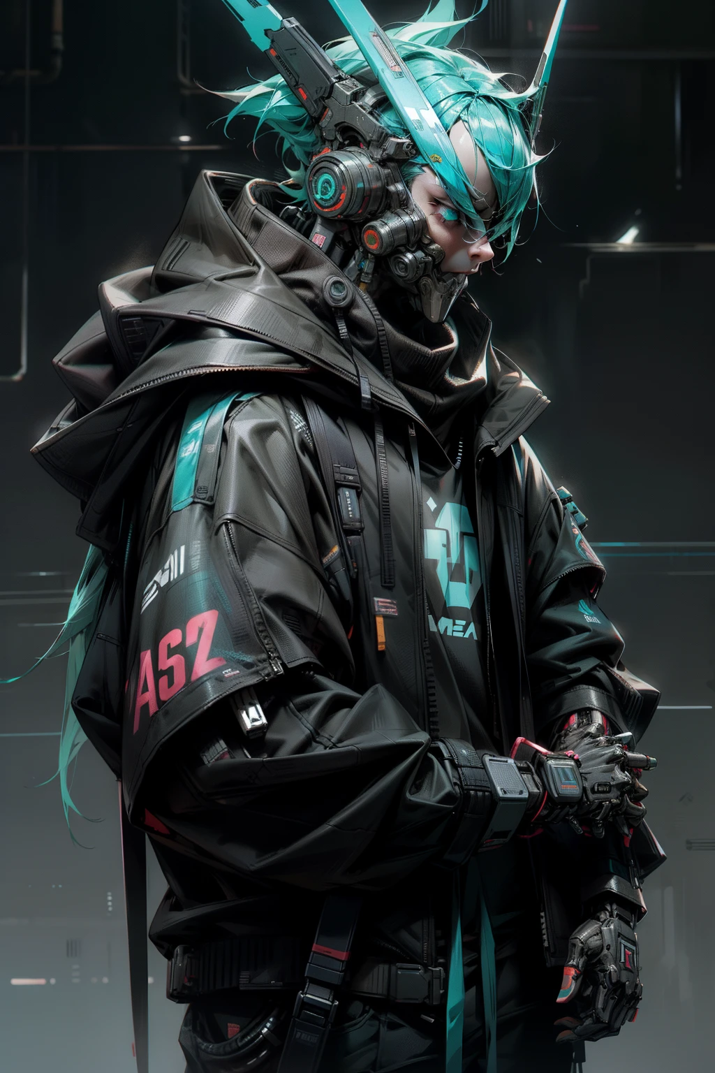 There was a boy wearing a mask and a black hoodie，With a knife in his hand, Hyper-realistic cyberpunk style，Digital cyberpunk anime style，cyan colors