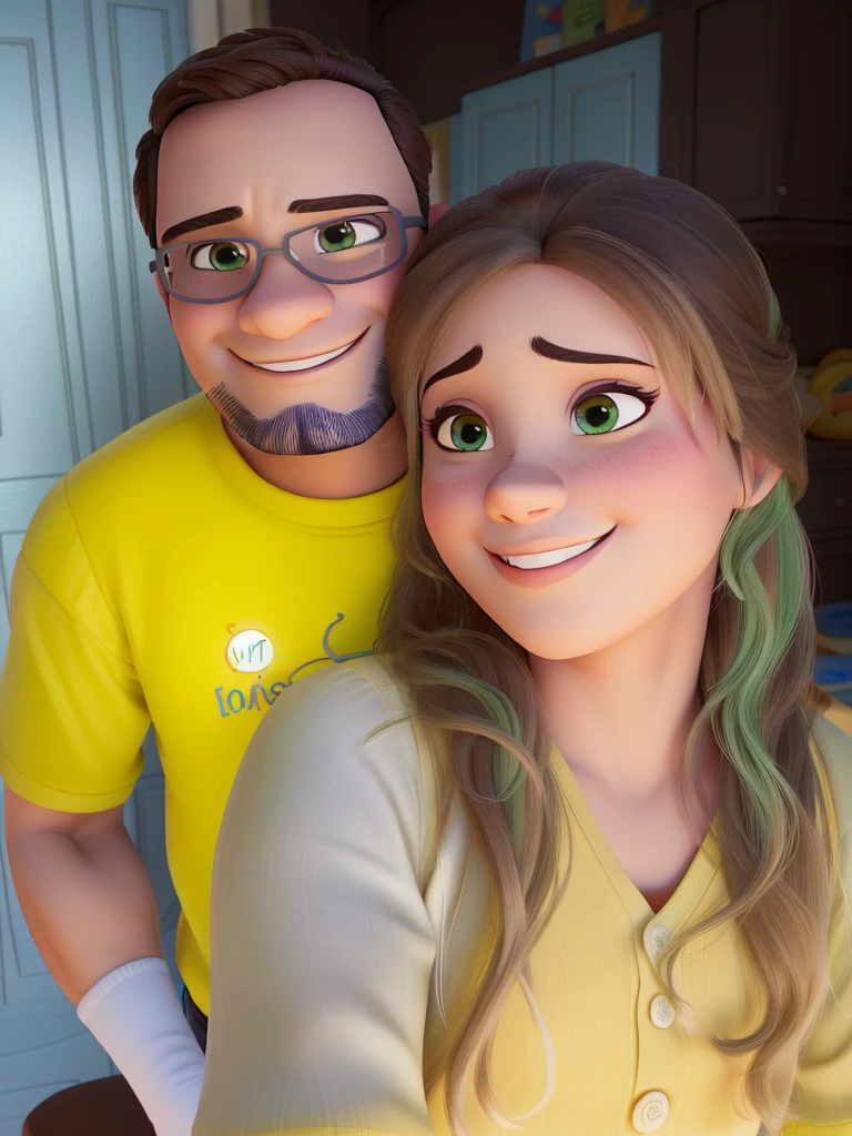 casal homem e mulher no estilo Disney Pixar, alta qualidade, melhor qualidade. Homem com barba, olhos castanhos, cabelo raspado, Mulher branca, loira com olhos verdes.
