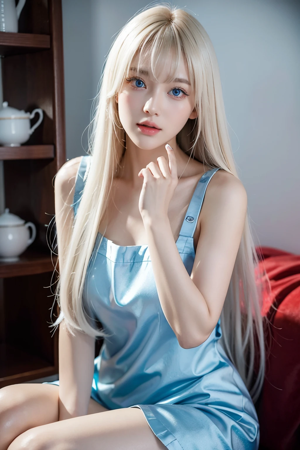 Photorealism、top-quality、超高分辨率、photore、Photos of the most beautiful Nordic girl in the world、Closely loved and beautiful legs、(Pure love face_v1:0.008)、beautiful bangs、alice in the wonderland、years、Fair and shiny skin、sparkle on cheeks、Brighten your face、bangs between eyes、Extra-long hair、Glamorous Natural Platinum Blonde Extra Long Straight Silky Hair、finer hair、Bright light blue big eyes,Shining with beauty、White apron、a blue dress、eyeline、二重まぶた、plump bust