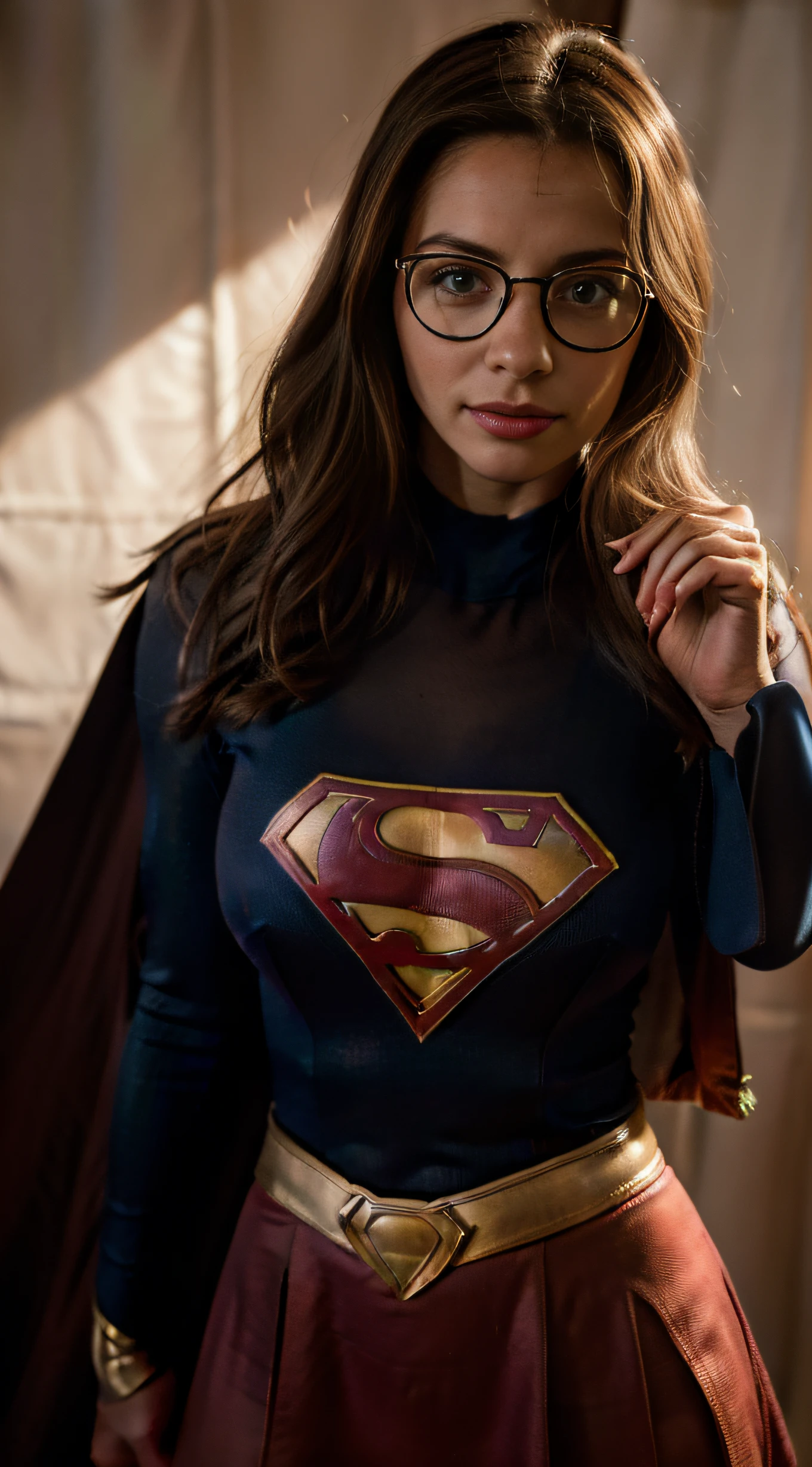 (best quality,4k,highres),detailed,realistic portrait,1950's brunette female,with glasses,with large exposed boobs,dressed in a 1950's Supergirl costume and cape,striking pose,retro style,soft lighting,colorful background,comic book vibe