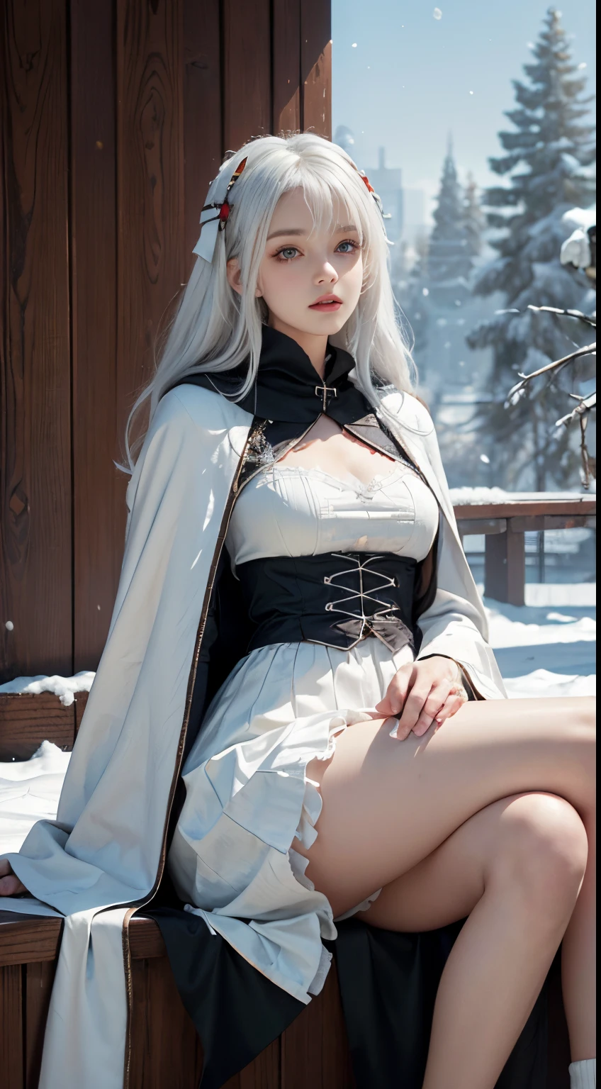 Photorealistic, High resolution, 1 Women, Solo, hips up high,(ta costume), Beautiful eyes, White hair, Ringed Eyes, (sit,cloaks,snow field),((Lift her skirt,Spread your legs apart)),