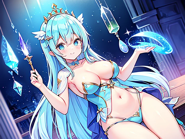 1 woman、Hair that shines like pale aquamarine、fluffy and soft hair、Sparkling aquamarine eyes、爆乳、Too large breasts、Seductive breasts、Sheer underwear、Tiara of the Goddess、goddess god々Feeling、lace cape、aquamarine choker、Castle Room、Long Lace Bale、Ruffles and ribbons、A smile、The upper part of the body、long to, A glowing wand made of aquamarine and crystals.、Wings encrusted with aquamarine、A benevolent look、Aquamarine brilliance、Eternal brilliance、Too large breasts、爆乳、puffy chest、Cinderella's Castle、Navel Ejection、I can see my nipples