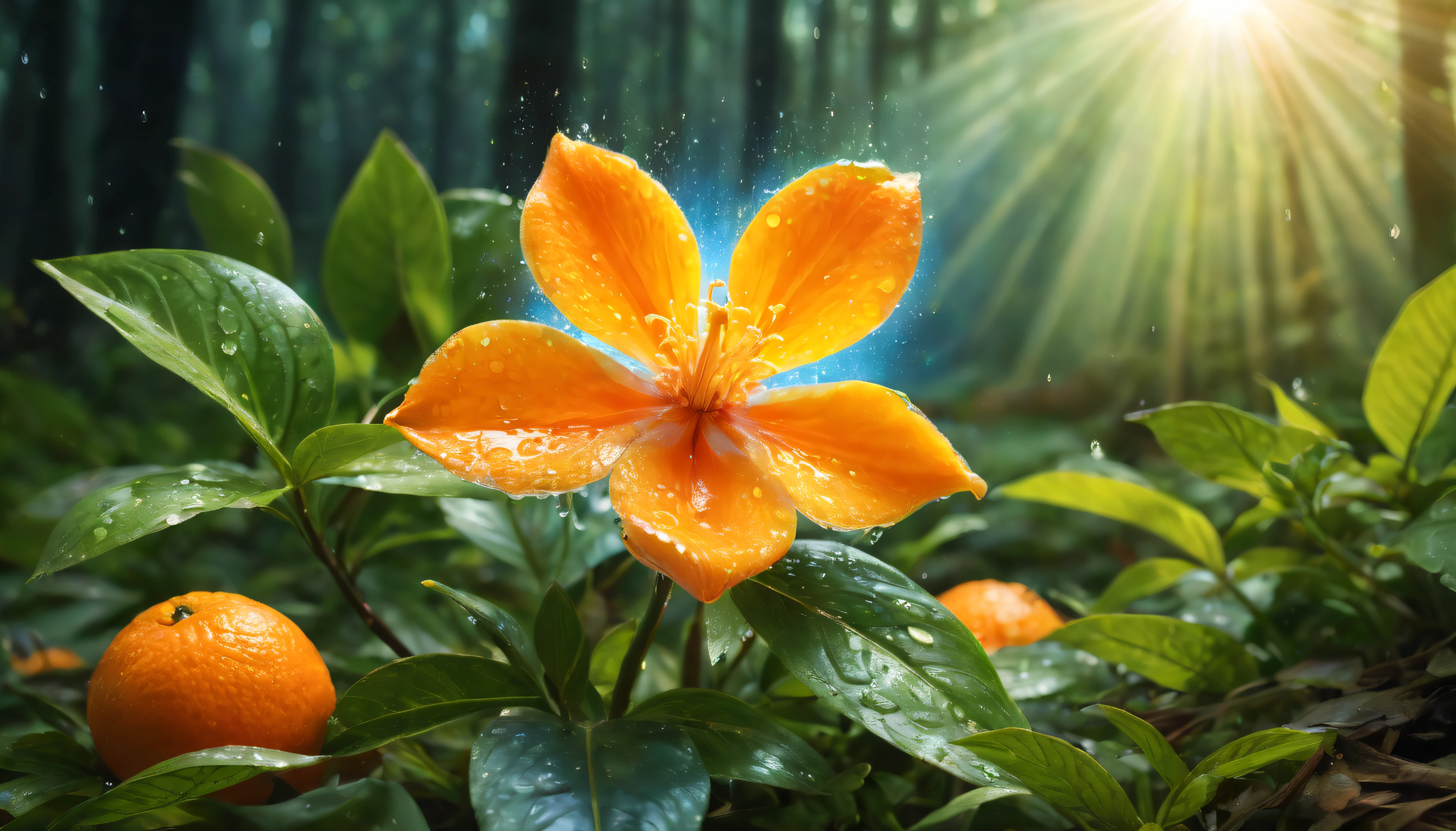 a wet orange in the form of a flower,a tangerine flower,a flower in the form of a tangerine, a blue glow emanates from it to the cut of the petals,gradient petals from orange to transparent, among other types of flowers, grows in the forest,a magical fairy-tale forest,behind the flower the bright sun shines with rays, clear details,hyper-drawing of flower details, high quality 8L, full HD 16L,high quality 8L, full hd 16K