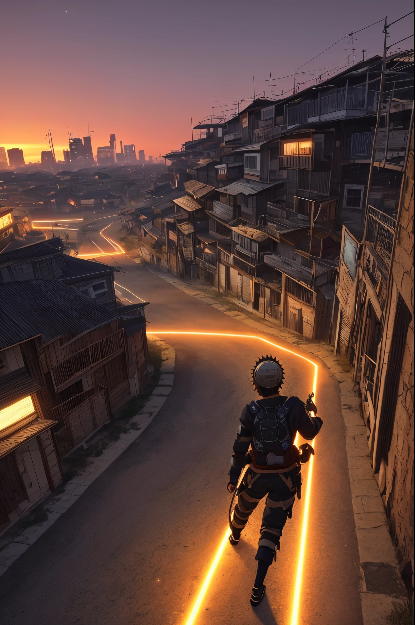 master part, Modo ciborgue de Naruto, Olhe para o espectador, Complete Mechanical Body, detalhes intrincados, Advanced technology, orange lightning, armadura detalhada, Bionic enhancements, neon lights, vivid colors, sombras contrastantes, olhos azuis, urban backdrop, Night scenery, High contrast lighting, linhas em negrito, efeitos de desfoque, ultra-realistic, 4k resolution