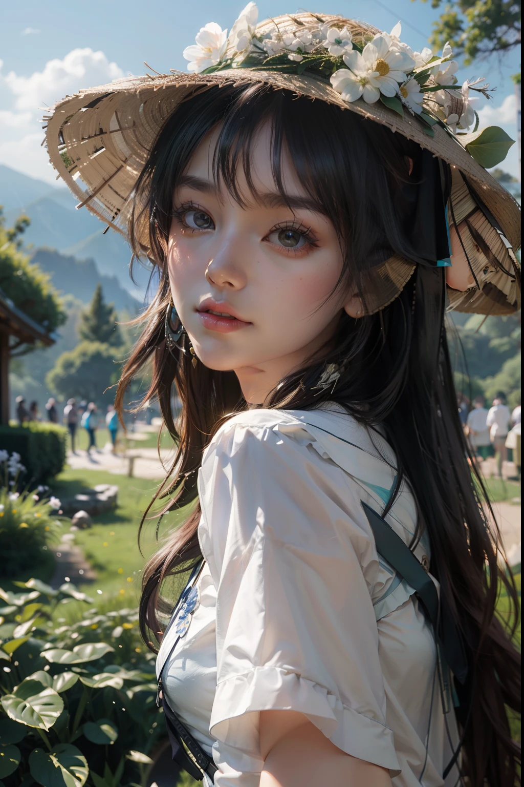 (1girl:1.3), looking at the spectator, A countryside full of dreamy fog,A bridge and a quaint courtyard,On the side of the bamboo forest, on the wet wooden bridge after the rain,