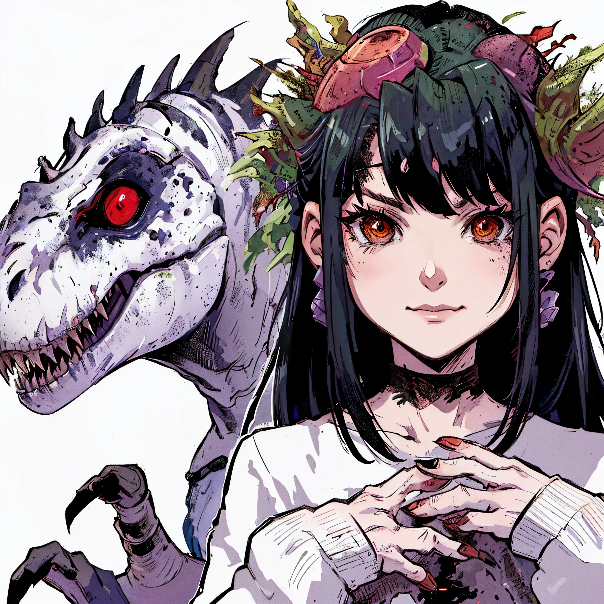 indominus rex. dinosaur element girl. her image color is white. Red Eyes. sly. sharp claws.