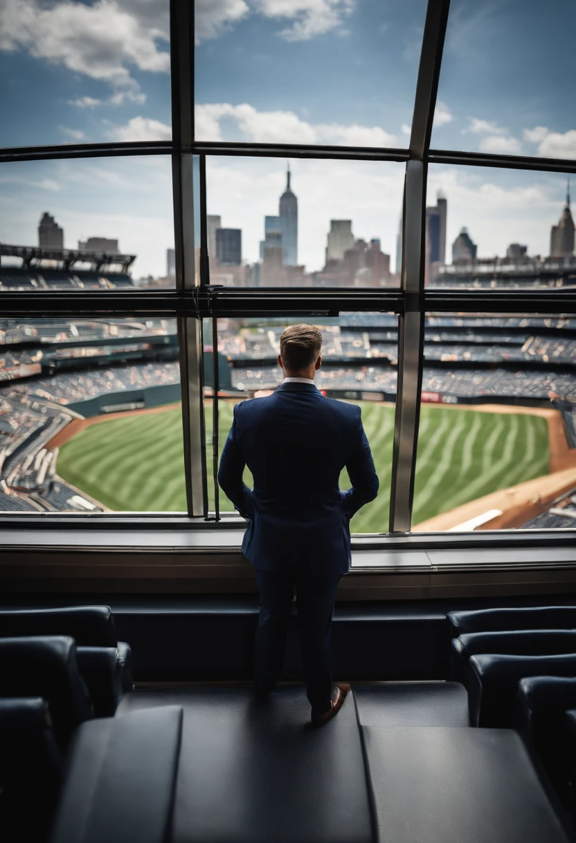 A photo of Finance Bro sitting in a private box at a Yankees game with a view of the field,original,30 years old, masculine, near comb over hair, wears a navy suit with a tie, walks around New York City
