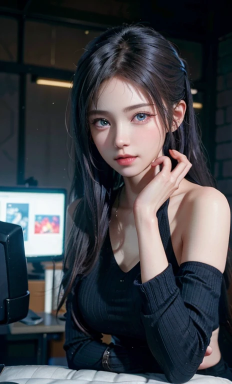 (8k, RAW photo, best quality, masterpiece:1.2), (realistic, photo-realistic:1.37),1 girl,cute,blue eyes, (solo),detailed faceponytail, dramatic angle,
,office,looking at viewer,pov,cyberpunk,