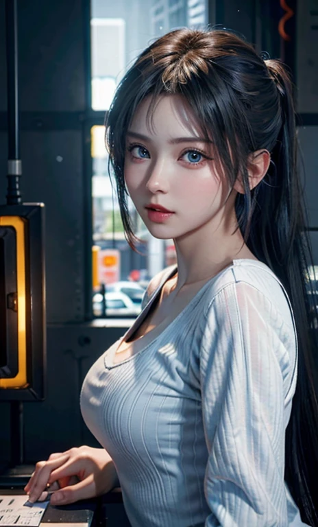 (8k, RAW photo, best quality, masterpiece:1.2), (realistic, photo-realistic:1.37),1 girl,cute,blue eyes, (solo),detailed faceponytail, dramatic angle,
,office,looking at viewer,pov,cyberpunk,