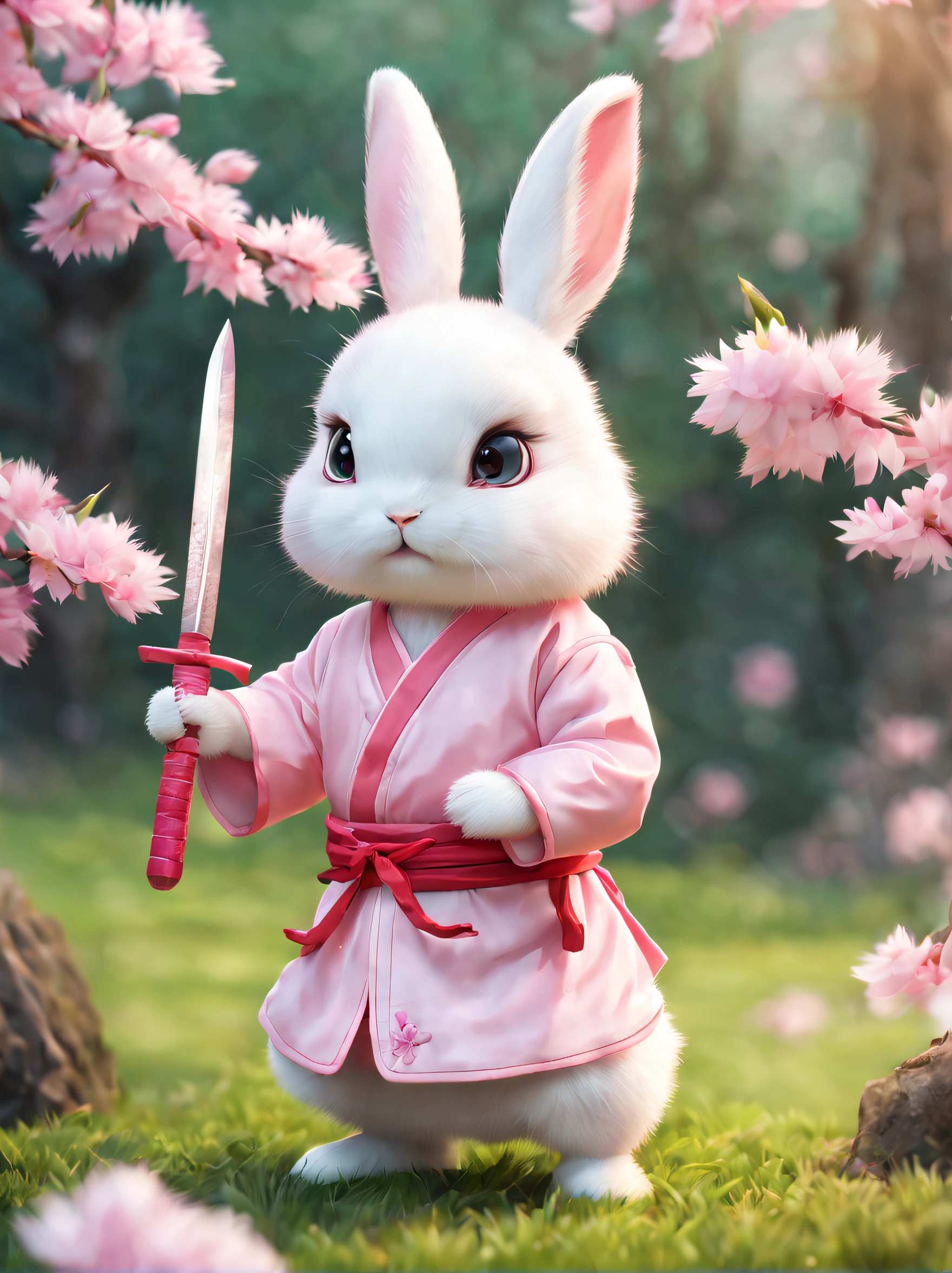 A cute pink white rabbit standing on the grass, light pink round ears, wearing ancient Chinese pink martial arts suit, holding a cute knife or sword, super cute, big eyes, fluffy hair, fluffy, under the peach blossom tree, stone, cute edition, Fairy Tale, Ultra HD, 8k, HD, v4-v4