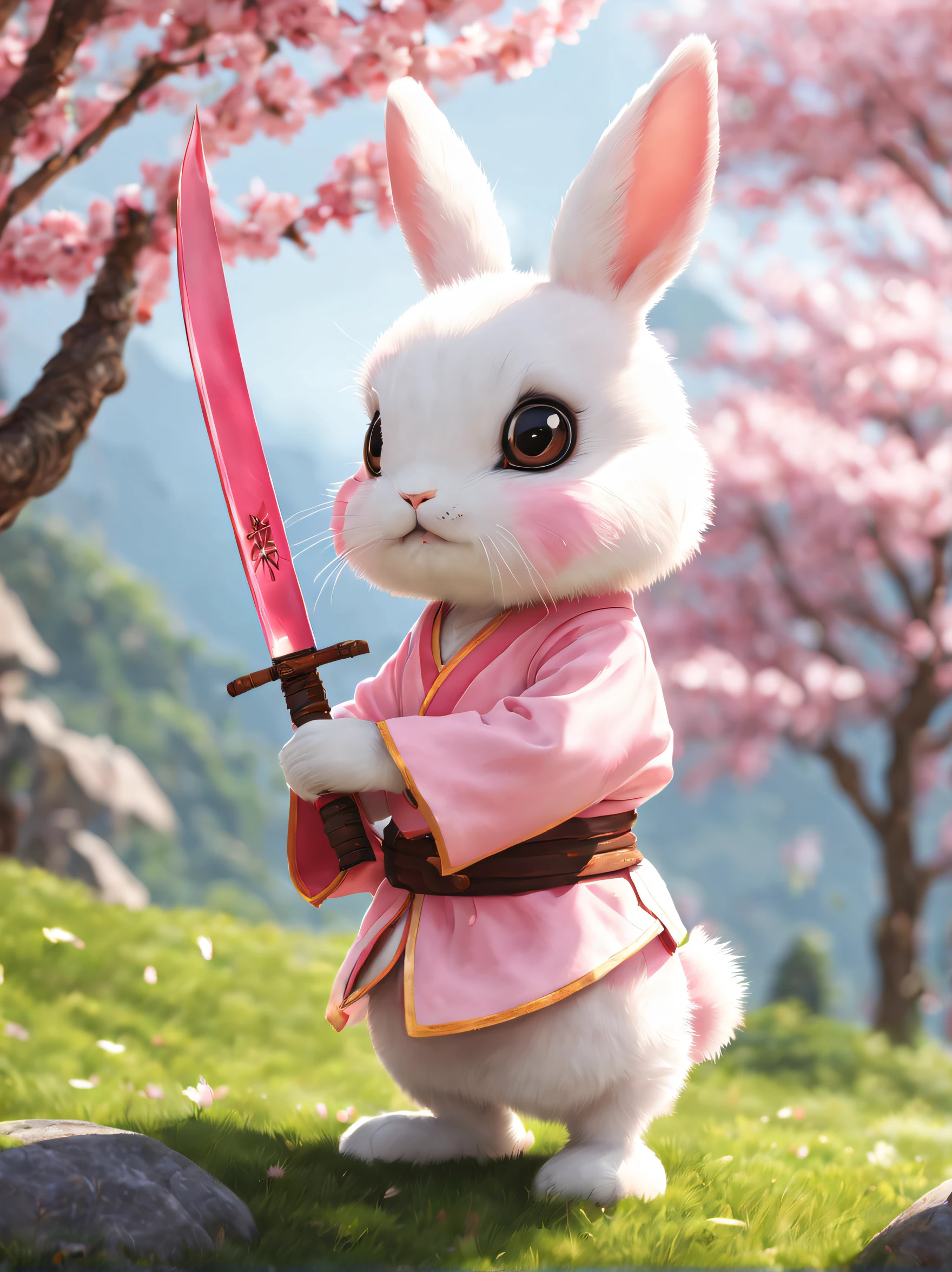 A cute baby pink white rabbit standing on the grass, light pink round ears, wearing ancient Chinese pink martial arts suit, holding a cute knife or sword, super cute, big eyes, fluffy hair, fluffy, under the peach blossom tree, stone, cute edition, Fairy Tale, Ultra HD, 8k, HD, v4-v4