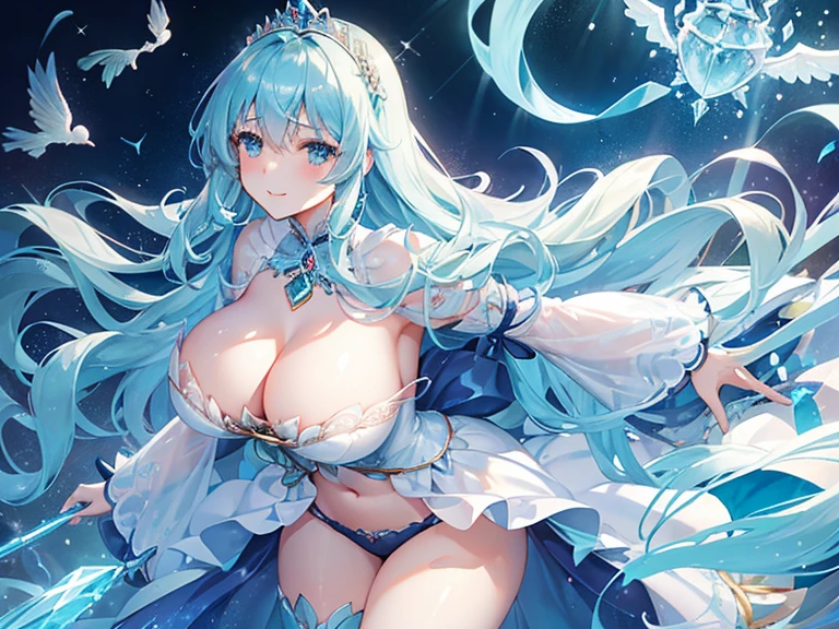 1 woman、Hair that shines like pale aquamarine、fluffy and soft hair、Sparkling aquamarine eyes、爆乳、Too large breasts、Seductive breasts、Sheer underwear、Tiara of the Goddess、goddess god々Feeling、lace cape、aquamarine choker、Castle Room、Long Lace Bale、Ruffles and ribbons、A smile、The upper part of the body、long to, A glowing wand made of aquamarine and crystals.、Wings encrusted with aquamarine、A benevolent look、Aquamarine brilliance、Eternal brilliance、Too large breasts、爆乳、puffy chest、Cinderella's Castle、Navel Ejection、I can see my nipples