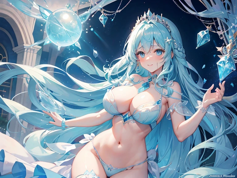 1 woman、Hair that shines like pale aquamarine、fluffy and soft hair、Sparkling aquamarine eyes、爆乳、Too large breasts、Seductive breasts、Sheer underwear、Tiara of the Goddess、goddess god々Feeling、lace cape、aquamarine choker、Castle Room、Long Lace Bale、Ruffles and ribbons、A smile、The upper part of the body、long to, A glowing wand made of aquamarine and crystals.、Wings encrusted with aquamarine、A benevolent look、Aquamarine brilliance、Eternal brilliance、Too large breasts、爆乳、puffy chest、Cinderella's Castle、Navel Ejection、I can see my nipples