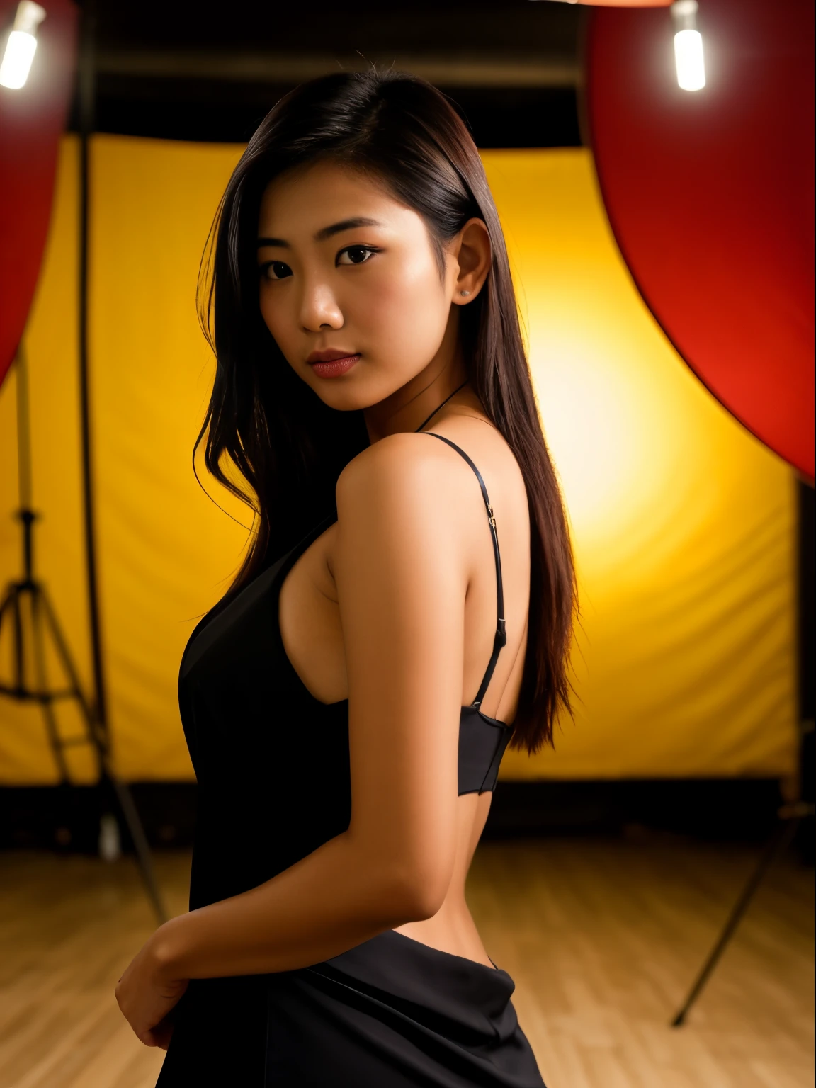 Young ,Asian model,In the background, symmetrical balls cover the entire wall and ceiling. magazine cover shoot. A young model wears an sexy outfit, The studio floor is a little wet and the lights are reflected. The model appears full size. very realistic photo. fashion magazine cover shoot ,cinematic lighting, photorealistic,thai girl, hyperrealistic face ,she look 50% like nisha adhikari from nepal