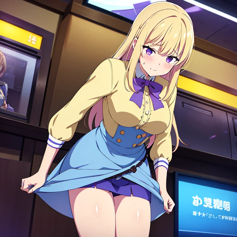 Shy, embarrased, female (wearing short skirt, blue skirt, wearing beige blouse, purple undergaments, long blond hair) lifted skirt, large bute, large breasts, clothes too small, lifted skirt, groping, public, resturaunt setting, assisted exposure, very embarassed, almost crying, hand groping butt, shiny legs, high quality, (masterpiece), (best quality), looking at viewer, bottom view, butt focused, male touching female, 1 male, other females looking on, really small skirt, see-through clothing, purple panties, mismatching bar and panty, pink bra, very large breasts, breasts about to pop through clothes, groped, fingered in public, nsfw