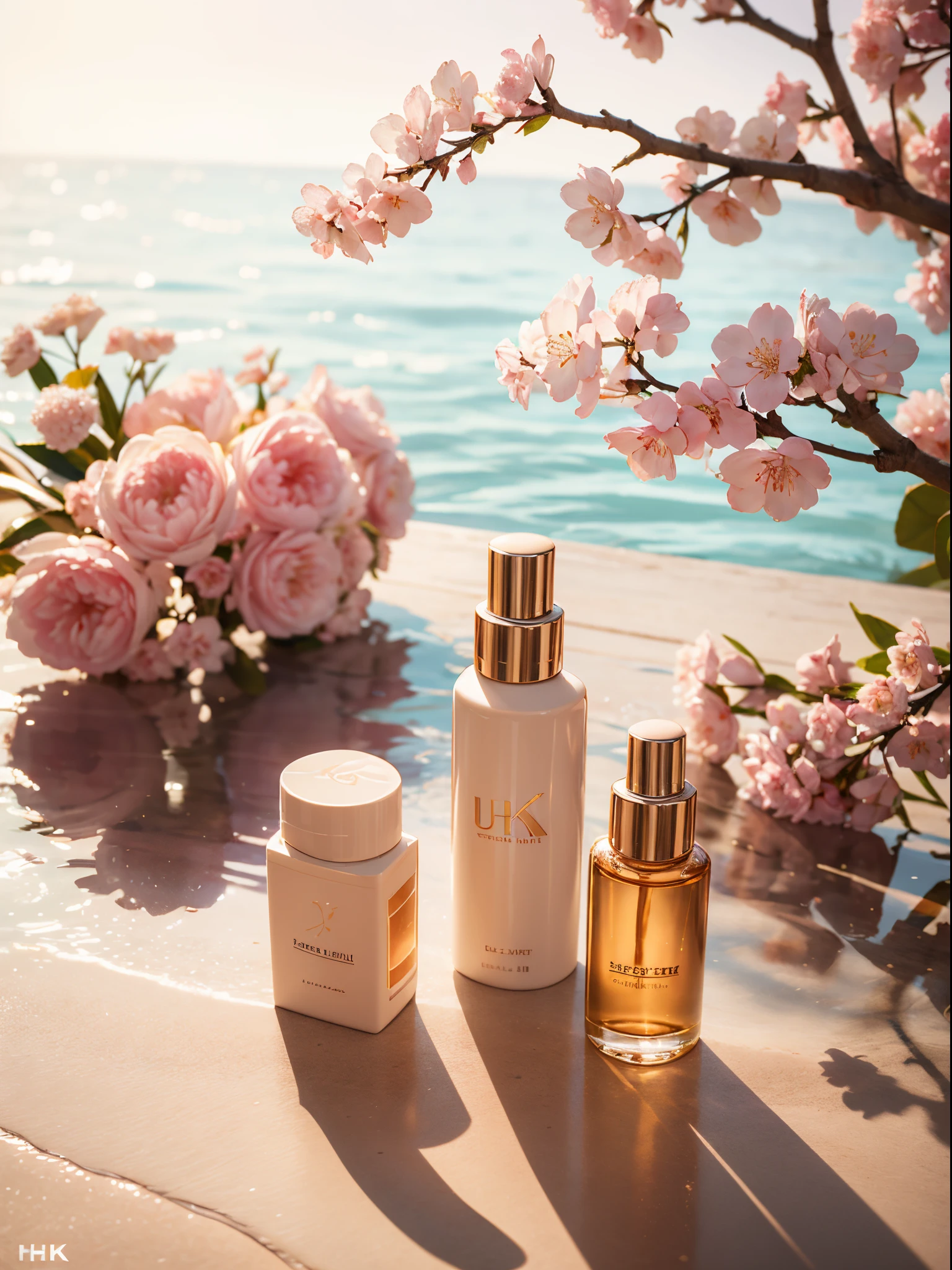 (super realistic scene), makeup bottle, cherry blossom background, water, sunlight, low perspective, blender, product rendering, HD 8K, ultra-detailed, luxury commercial photography, ((no people))