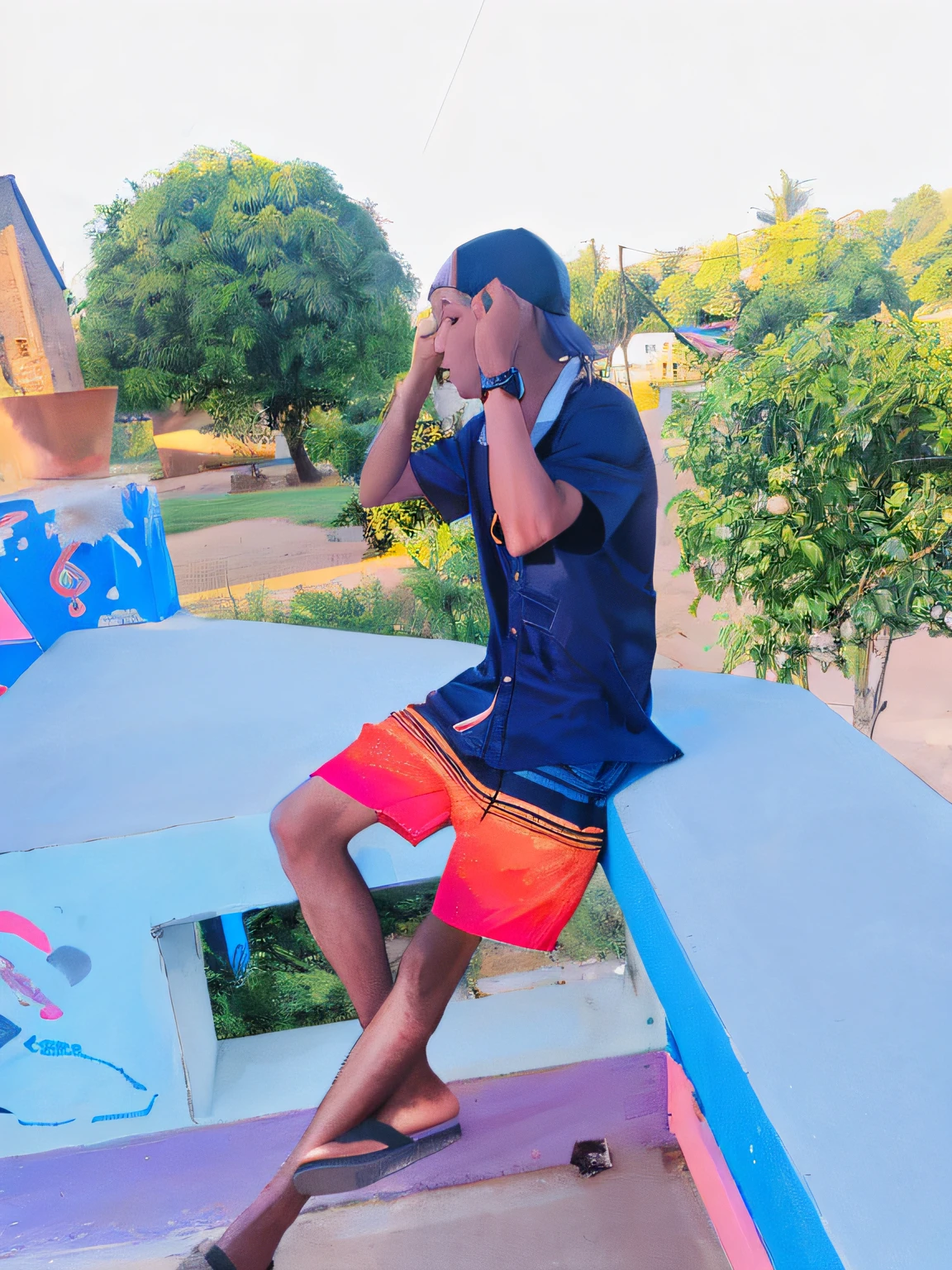 there is a man sitting on a bench talking on a cell phone, with a cool pose, cool pose, very artistic pose, artistic pose, photo taken in 2 0 2 0, an artistic pose, stylish pose, taken in the early 2020s, photoshoot, well edited, very very low quality picture, cool looking, deep in thought, edited