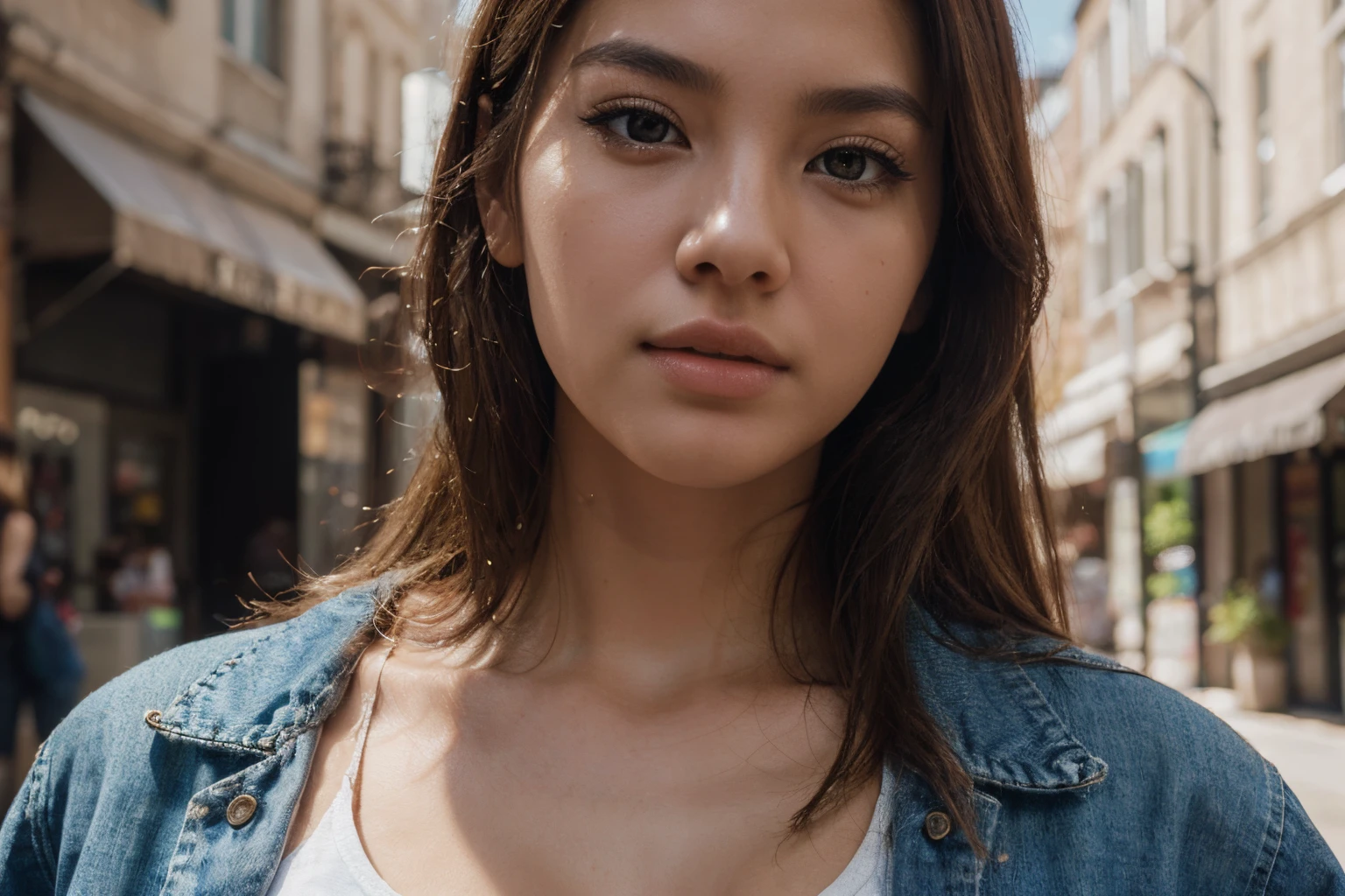 beautiful korean model woman with blonde hair using black tank top with denim jacket, detail face, she have a very bright eyes, realistic face, detail face, realistic skin, skin pore, vibrant, dramatic lighting, 8k resolution picture, high detail on the photo, very realistic picture, dramatic lighting, depth, shadow, dramatic shadow, one of a kind photo, sharp photo, sharpness on the detail, looking at viewer, view from front, cleavage, (((Best Quality, masutepiece: 1.3)), long hair, ultra high res. photorealistic:.1.4, street background, blonde hair, high quality, masterpiece, 8K, UHD, UHD, retina, masterpiece, retina, UHD, masterpiece, ccurate, textured skin, super detail, high details, high quality, highres, best quality, award winning, 16k