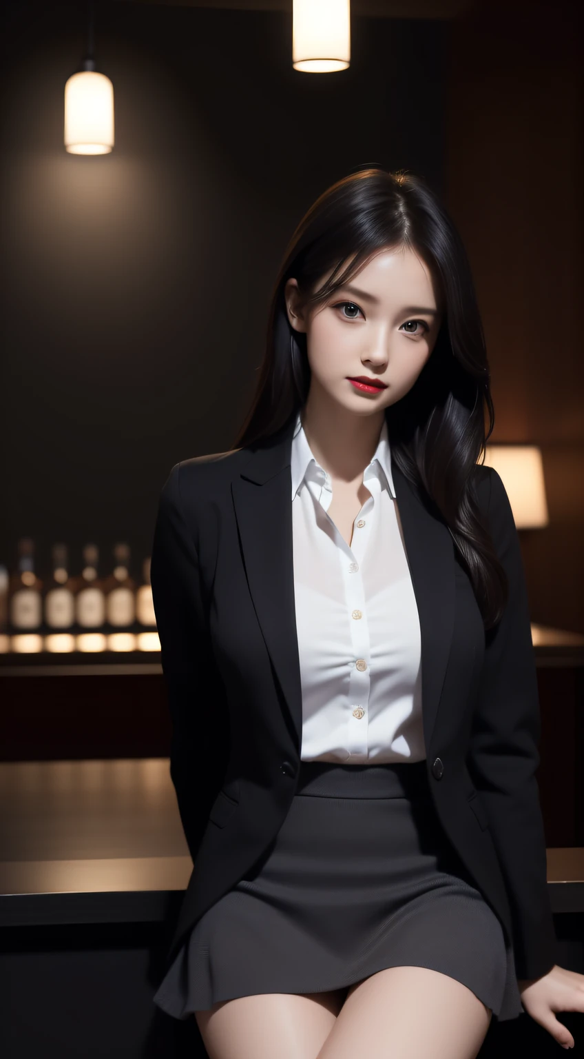 (1 lady), The beautiful, (Best quality at best:1.4), (ultra - detailed), (extremely detaild的 CG unified 8k wallpapers), The is very detailed, High-definition RAW color photo, professional photoshooting, amazing face and eyes, cosmetics, (Very beautiful girl), ((buisness suit)), ((mini-skirts)), (Open-chested business shirt:1.2), sitted, (spread your legs), (), (Dark and stylish bar, drinks, lamp lights, Lighting:1.3), (look from down)