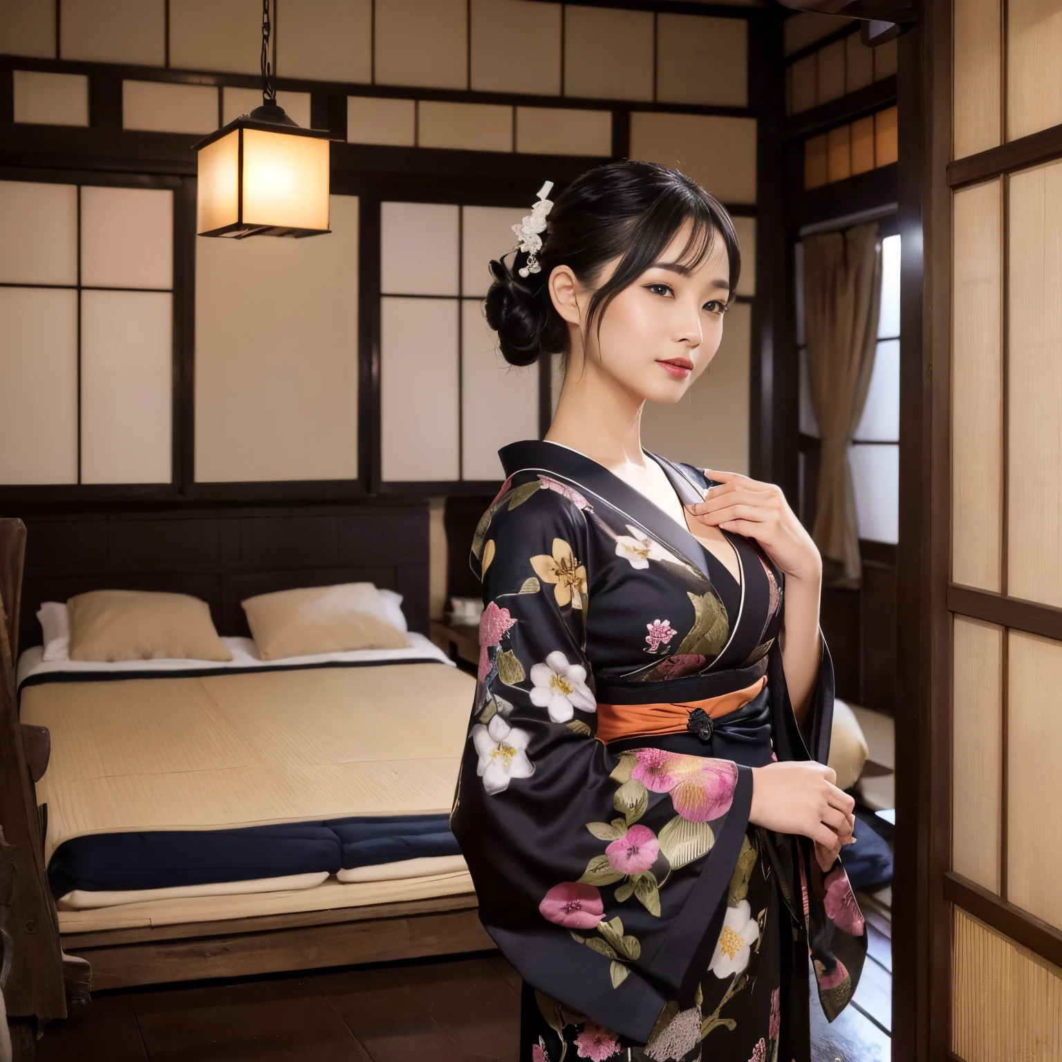 ((top-quality、masutepiece、8K、Top image quality、Hyper-Realism、SFW、1 photo))、1 female、Wearing a beautiful kimono、hair adornments、Very dark lipstick、lipgloss、Perfect makeup、cleavage of the breast、chignon、turned around、Fluttering chest、((Bedroom in an old folk house、Old Japan house、Poor life、Old house、poor、Japanese style interior、A living bedroom))、View me、Slight smile、Photo from the waist up、perfect anatomia、chignon、((natta、dark、midnight、deep in the night、murky))