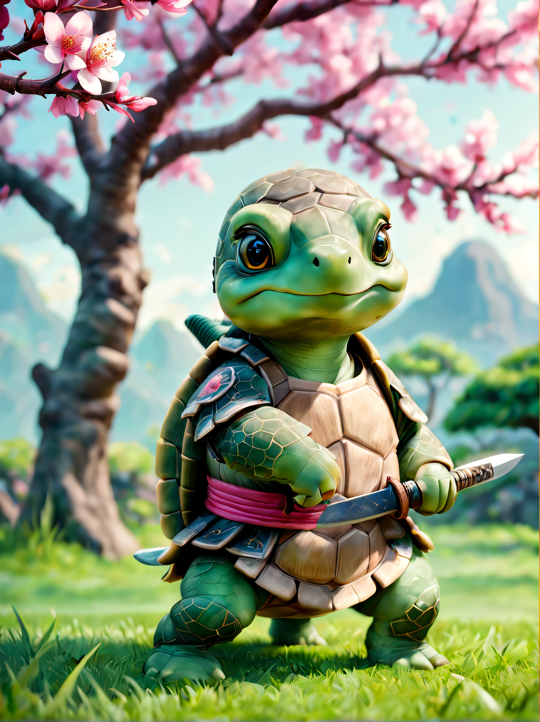 A cute little green turtle standing on the grass, ,Wearing ancient Chinese green martial arts uniforms, Holding a lovely knife, super adorable, largeeyes, voluminous hair, Fluffy, Under the peach blossom tree, steins, Cute version, Fairytale, hyper HD, 8K, k hd, v4-v4