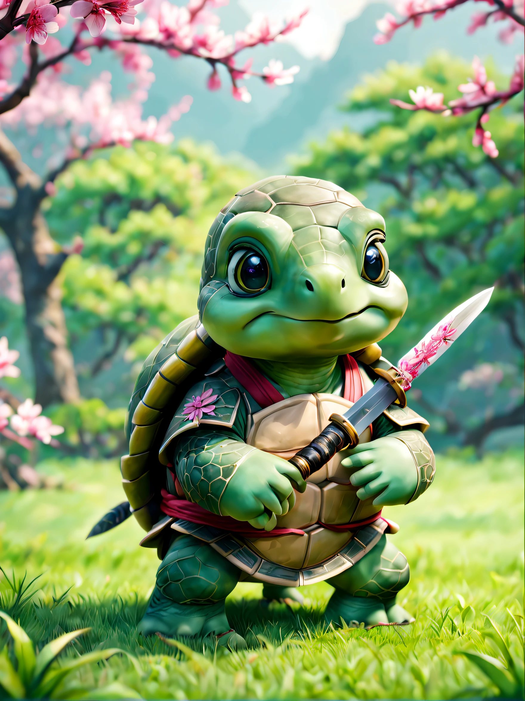 A cute little green turtle standing on the grass, ,Wearing ancient Chinese green martial arts uniforms, Holding a lovely knife, super adorable, largeeyes, voluminous hair, Fluffy, Under the peach blossom tree, steins, Cute version, Fairytale, hyper HD, 8K, k hd, v4-v4