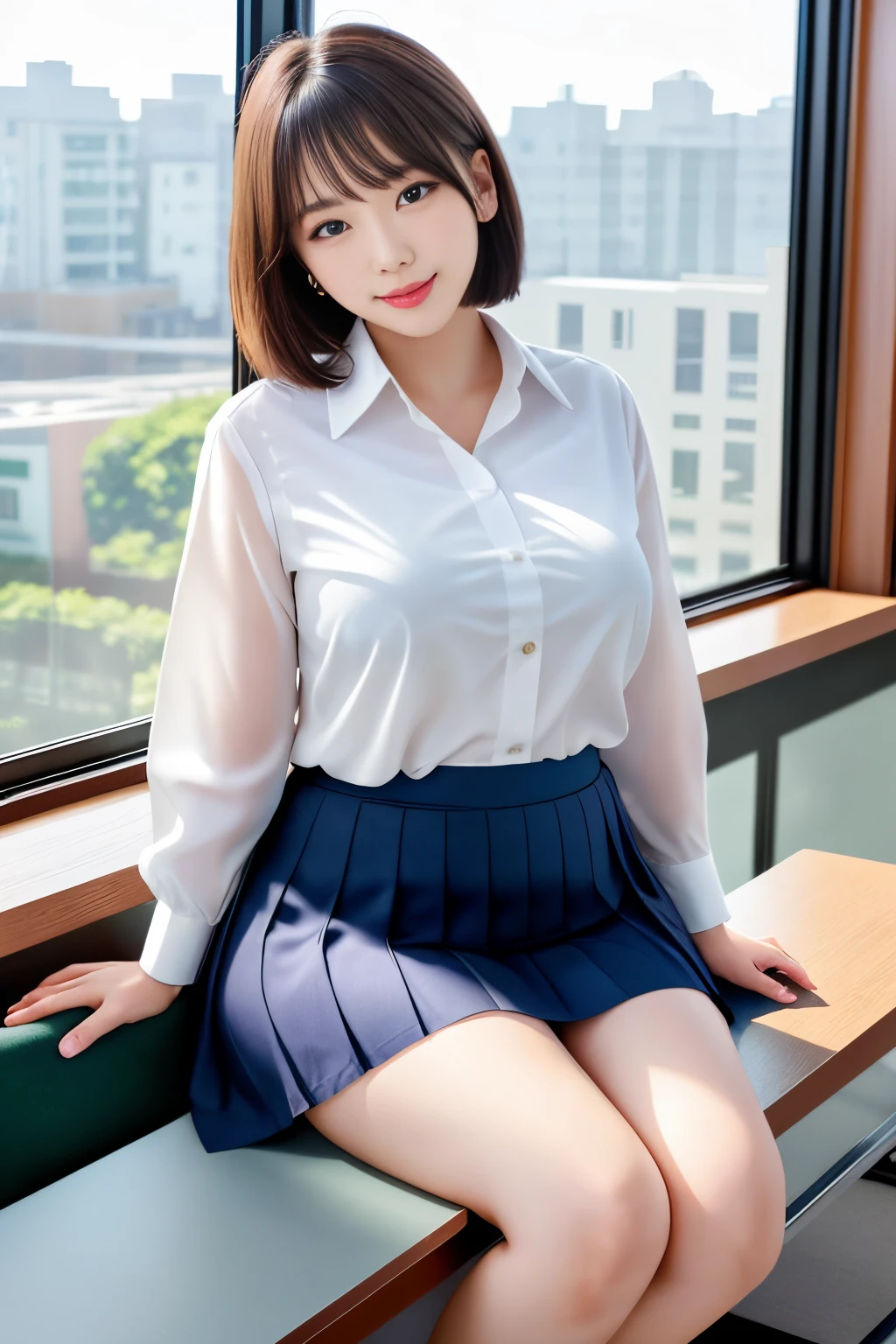 Photo Real、photoRealstic A dark-haired、Straight hair、shorth hair、Very short hair with round face、drooing eyes、Laugh so hard that you can't see it、Open mouth and laugh out loud、Narrow-eyed、no-makeup、Suppin hi-school girl、sixteen years old、skinny body、muscular body、Soft thighs、large full breasts、vaginal、clit、Female genitals、japanes、full body Esbian、Very flexible body 校服、White shirt、Navy blue ribbon、Navy blue skirt、Very short skirt、The whole body gets wet with sweat Legs open pose、Take rhythmic gymnastics poses、One leg standing pose、Crotch that opens more than 300 degrees、Show off your crotch、Legs that do not bend、Exposed crotch、Very smiling Background with、Classroom、window、chalk board