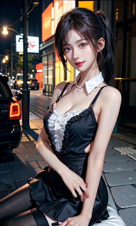 Neon Street at Night, 1girl in:1.3, 25 years old, Sexy, ??????, Glamorous, Slim body, Perfect body:1.3, (medium breasts), Thin thighs, (one eye closed, Wink):1.3, BREAK, a woman wearing a(front open white collar shirt, Black ruffled mini skirt, Glossy):1.3, Show cleavage, dark brown hair, High ponytail, BREAK, (Natural Skin Texture, Detailed pale skin, Black eyes, Shiny Lip Gloss, Shy smile, Perfect face, Cute face, thin lips, a small face:1.3, cowboy shot, (top-quality, Ultra Real Photo, masutepiece, Raw photography, Cinematic Light, very detailed illustration, Portrait, Face Focus)