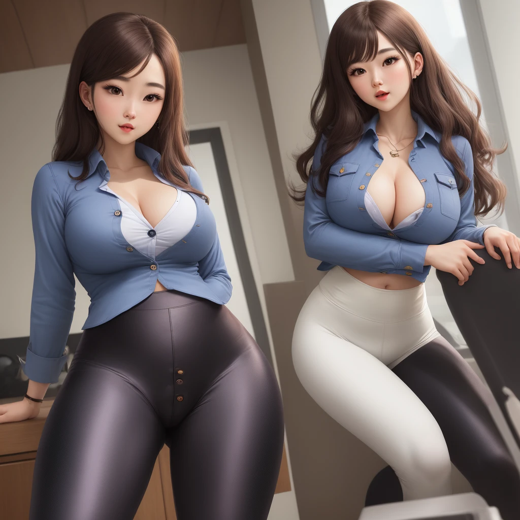 Luna wereing a tight button up blowes and tight leggings