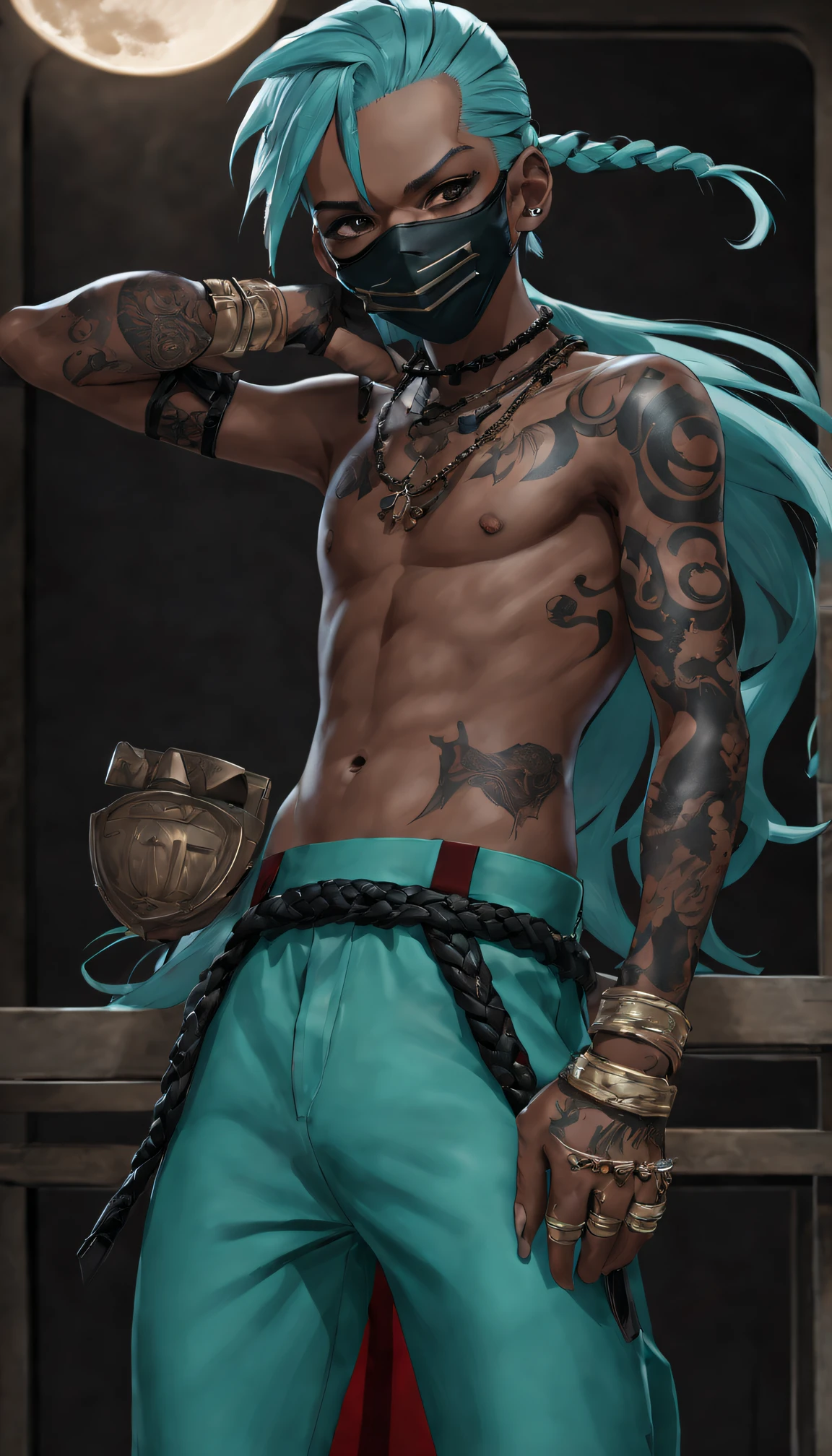 style of anime, sci-fy ,Japanese Assassin Lord , latex , tobey pants, mouth mask, leg tattoos, Tattooed with,Aqua hair, Braided headband, (african man, Dark skin:0.6), little breast, slimfigure, full bodyesbian, daggers, Moon Night, In the garage, (Very detailed hands, Hand model:1.4)