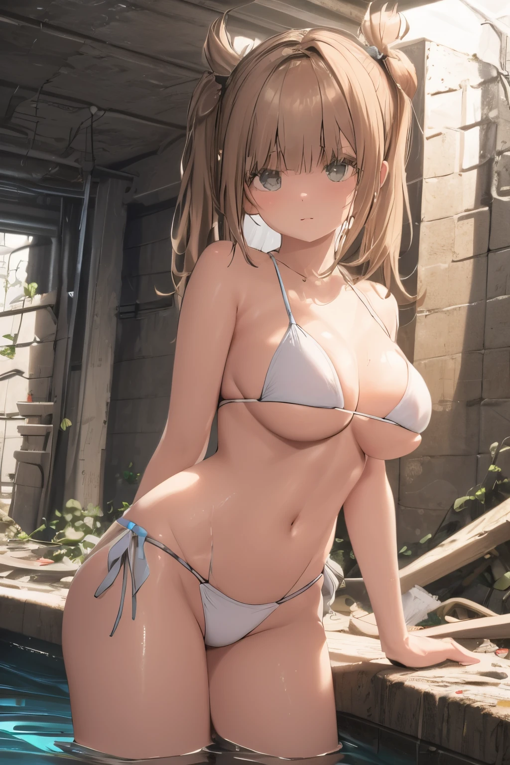 braidedhair、With bangs、Innocent、18 years old、((White tiny micro bikini 1:5))、((wet swimsuit:1.1))、,in the ruins of the basement、Destroyed、,perfect litthing, focused only,Full, large breasts,big assa、 front angle