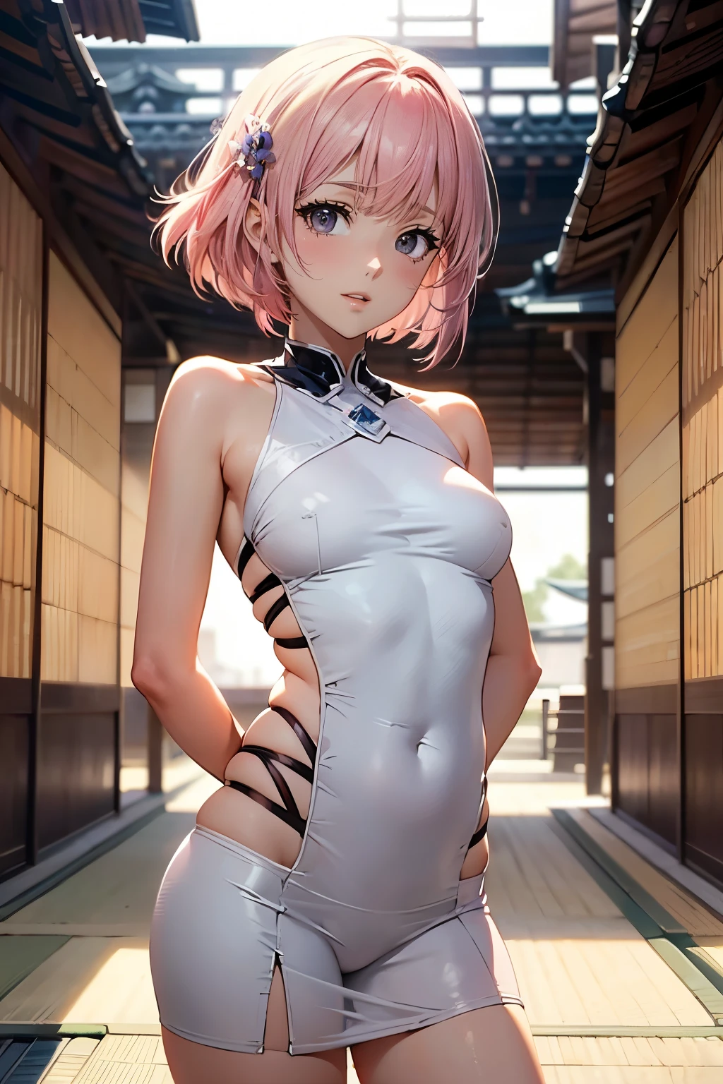 Anime, ((The costume is made of metal:1.5)), ((In Kyoto Animation Style:1.5)), super precision, masterpiece, very extremely beautiful, Princess Face, ((1人の女性)), ((Solo:1.5)), ((Pink hair:1.5)), ((BobKat 1.5)), BREAK, ((Black eyes)), Short hair, ((Straight hair)), BREAK, , BREAK, Professional Lighting, (25-years old), Narrow waist, Shiny skin, ((Oiled skin)), glistning skin, Looking at Viewer, Cowboy Shot, Dynamic Pose, ((is looking at the camera)), inside in room, Sexy, A slight smil, Slightly open mouth, ((Cute)), Ultra-fine eyes, Ultra-fine face, ((thin lips:1.5)), Sexy, ((drooping eyes)), ((medium udder:1.5)), A slight smil, ((portlate:1.5)), faces, ((Hands behind your back:1.5)), Looking at the camera, is standing,