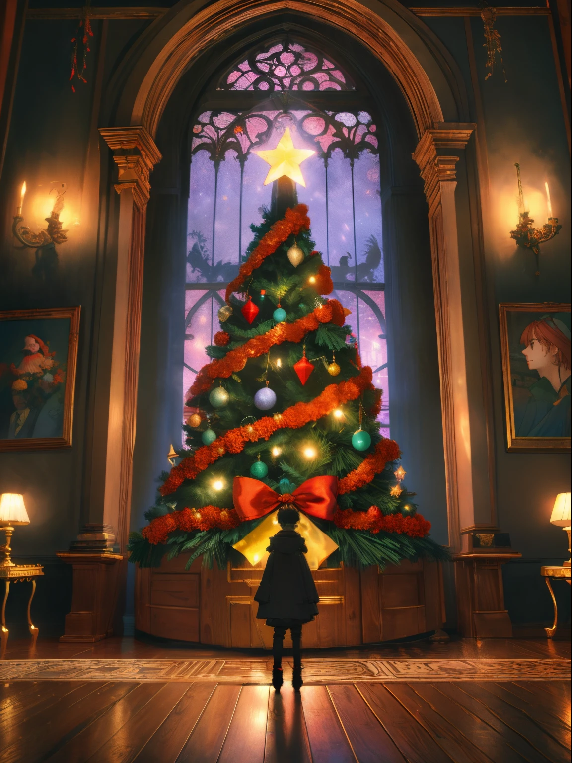 (Best Quality),(masutepiece),(ultra-detailliert),(detaileds),(Extremely detailed),There is a large window in the middle of the room.、There is a large Christmas tree in the center, dark and moody, broody, Scary, neons, barroco, romantic, intricate detailes, Ray tracing, Cinematic, Portrait, Raphael Stone, Craig Mullins and Katsuhiro Otomo, Mega upload style, Mega upload style, style of studio ghibli, Akira's style, Miyazaki style, Animated by Madhouse INC, Studio Ghibli, Howl's Moving Castle Style, Style of Peter Mohrbacher