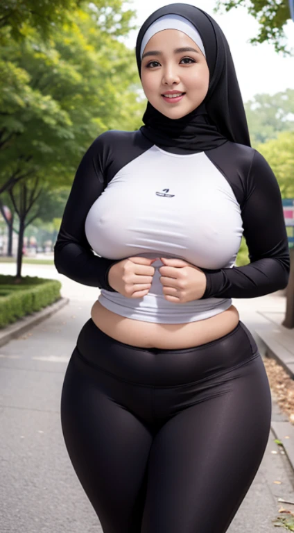 masterpiece, high quality photos, detailed photos, beautiful chubby Malay woman wearing a hijab, has super plump breasts, wearing a tight t-shirt, sexy leggings, big buttocks, posing smiling in the park, detailed body description, detailed facial description,