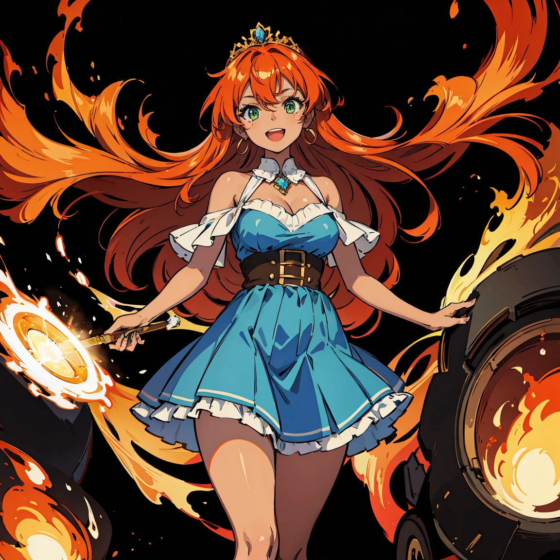 masterpiece), best quality, expressive eyes, perfect face, 1girl, green eyes BREAK absurdly long hair, (Flaming hair, fiery hair), red hair BREAK bare shoulders, jewerly, red earrings BREAK (detailed blue dress) BREAK green pleated skirt BREAK large breasts, brown boots, (dark skin, dark skinned female), tiara, fire, flame background, black background, looking at viewer, smile, open mouth