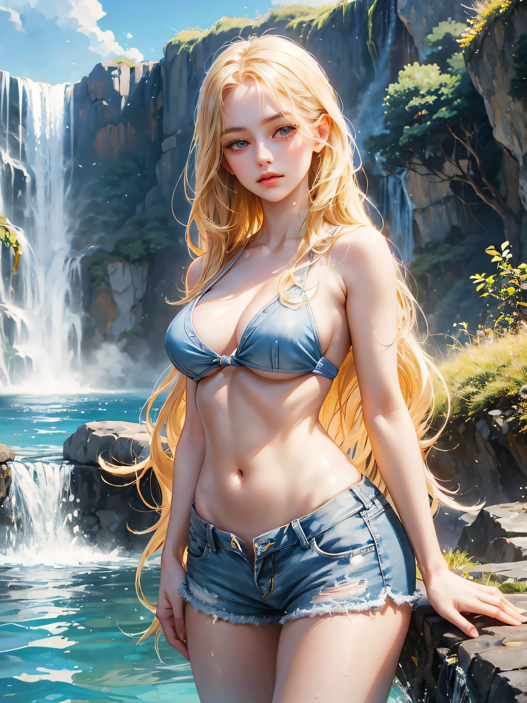 A girl, long blonde hair, wavy hair, no bangs, medium breast, grey eyes. She wears sky blue bikini, denim shorts, beautiful girl, detailed eyes, detailed face, detailed hands, she looks at the viewer. She is inside water. Full Figure. Background waterfalls