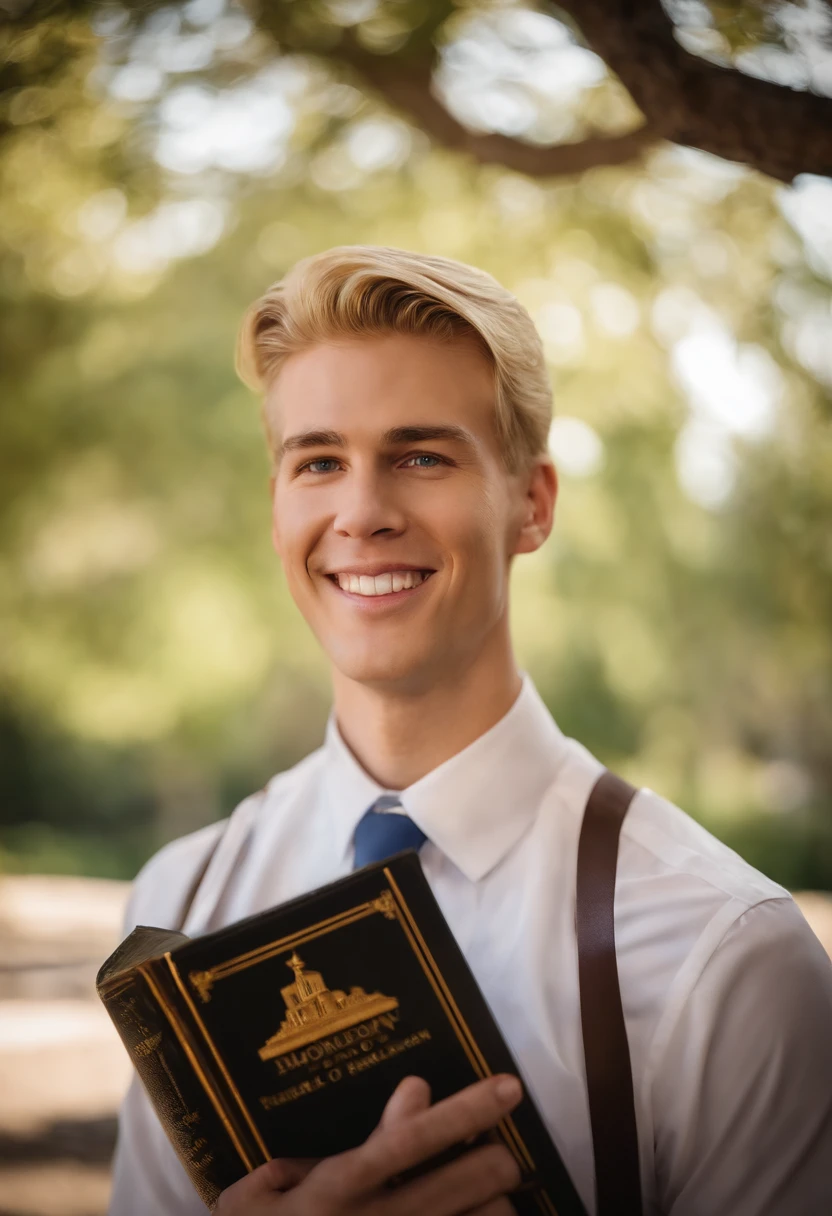 A photo of MormonMorgan holding a copy of the Book of Mormon and smiling at the camera,original,MormonMorgan is blonde with blue eyes and he’s nearly 7 ft tall