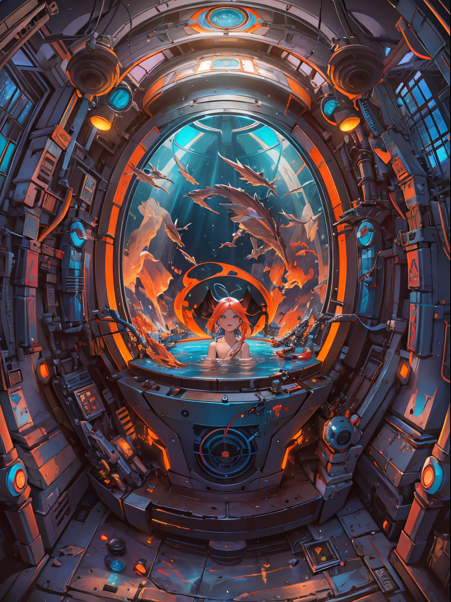 A futuristic embryonic capsule with (demons and angels inside),oils,realista,HDR,Altas Resoluciones,Ultra detallado,profesional,Studio lighting,physically based representation,vivid colors,Retratos,foco nítido,paleta colorida,soft warm lighting.nsfw. swimming trunks,ropa ajustada,poca ropa,sexy,pose sujerente