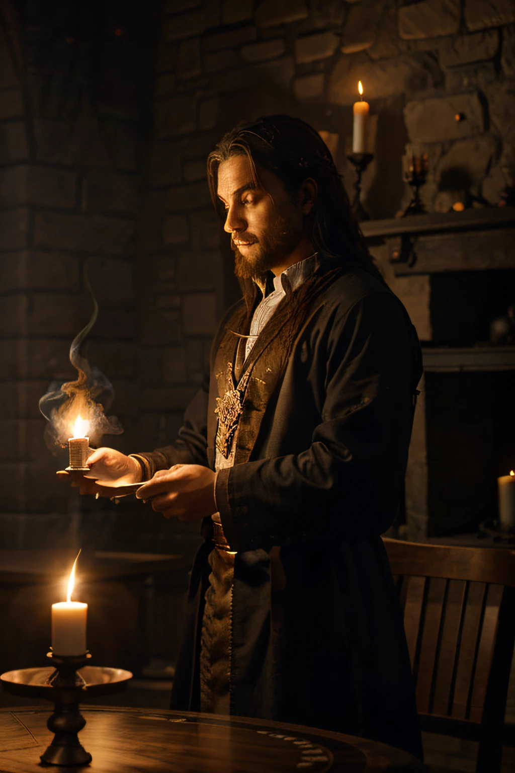 In a scene worthy of a horror movie, A sinister man sits in the dark, Shabby wooden table. Her hands were firmly placed on the rough surface,Because she was holding a lit candle,Illuminate her face in the dark。. His sharp gaze seemed to transcend the image, As if it were fixed directly on you, sending shivers down your spine."