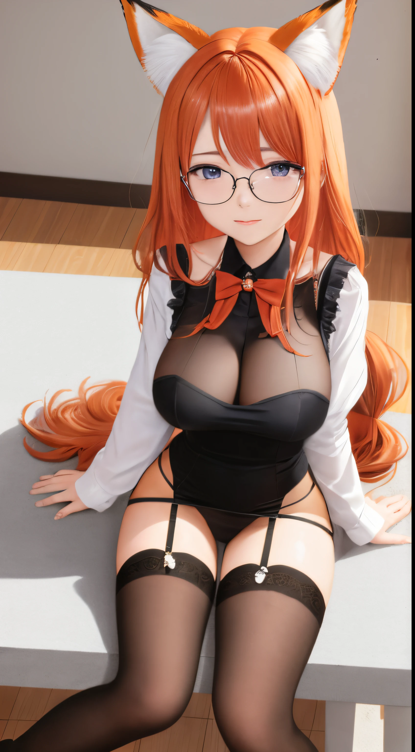 anime girl, 1 person, orange hair, glasses, Crown,maid,fox ear, Fox's tail, front view, big breasts, tights, sitting on desk,exposed chest, underwear, maid suit, shy, blushing, lifting skirt , bright sky, sitting cross-legged, high heels,exposed chest, underwear, middle-aged women, blushing, lifting skirt, showing off underwear, (full HD 4K+ image