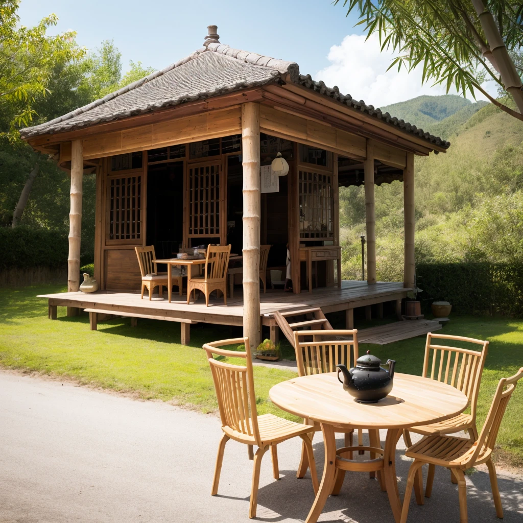 Old teahouse with bamboo chairs and old wooden table. On the table there is an old teapot, a covered bowl of tea and a plate of sunflower seeds.