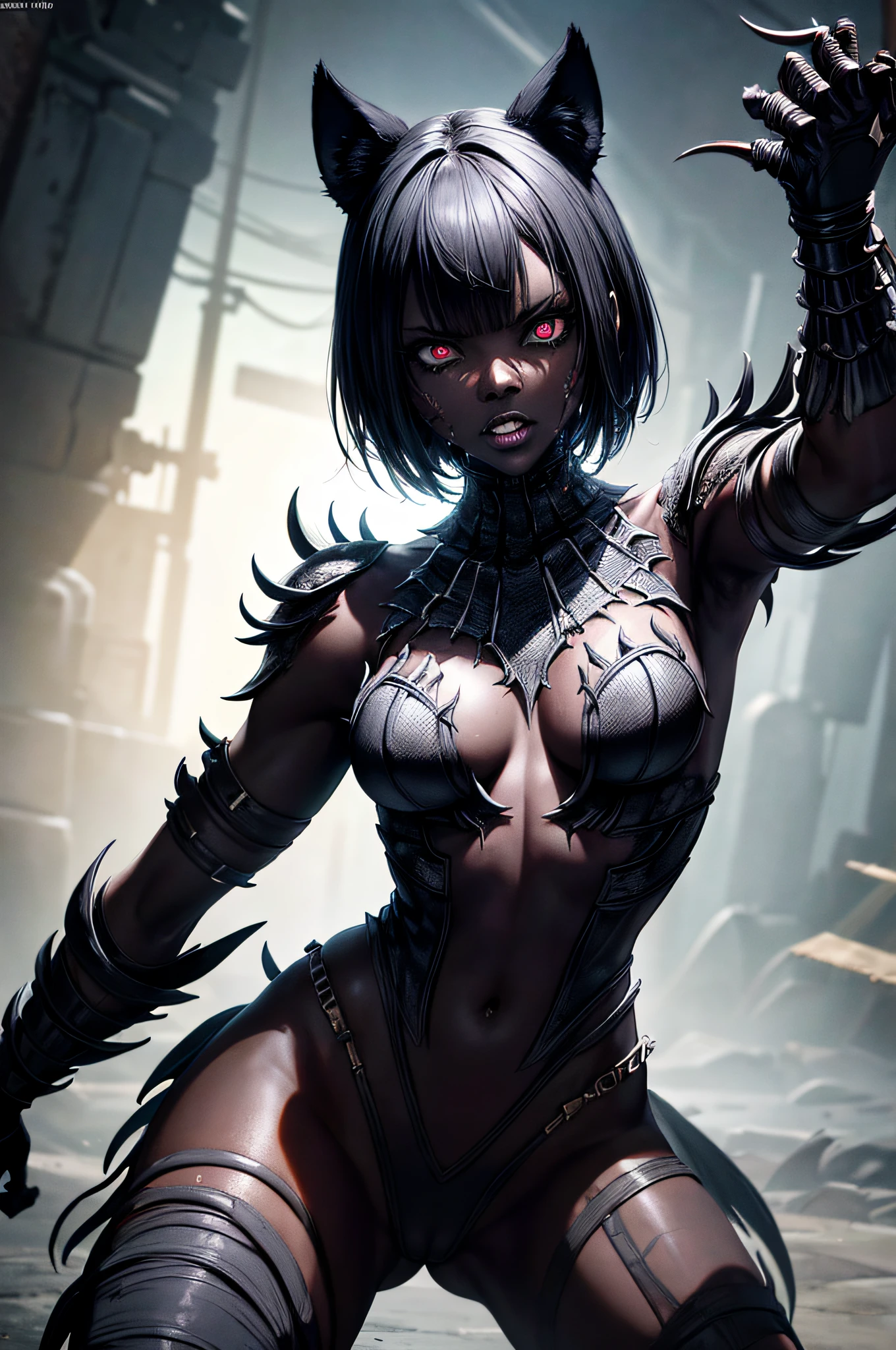 dead rotting zombie, african girl, black skin, short hair, comic accurate Black Panther costume with mask and claws, Wakandan accesories, evil look, psychotic, bloody, combat stance, highly detailed, vibrant appearance, creative behavior, imaginative, sensual, spontaneous, small breasts, sexi, highest quality, skin texture, intricate details, (cinematic lighting), RAW photo, 8k, masterpiece,best quality,ultra-detailed,very detailed illustrations,extremely detailed,intricate details,highres,super complex details,extremely detailed 8k cg wallpaper,