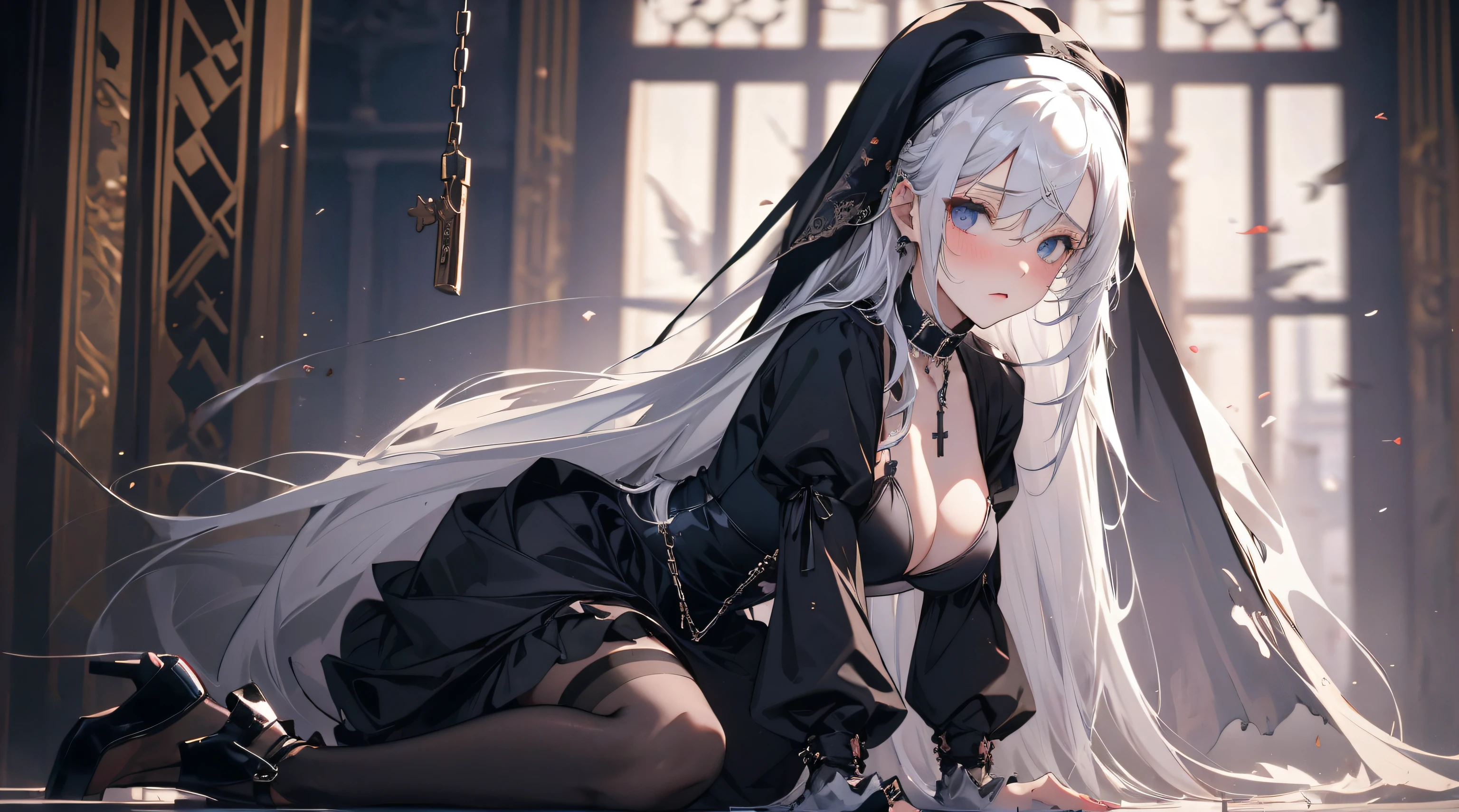 best quality, masterpiece, solo, 1 girl, nun, white hair, long hair, medium breasts, cleavage dress, gothic lolita, black silk stocking, high heels, hair ribbon, black blindfold, cross necklace, collar, chains, handcuffs, nose blush , kneeling, indoor, castle, skirt lift