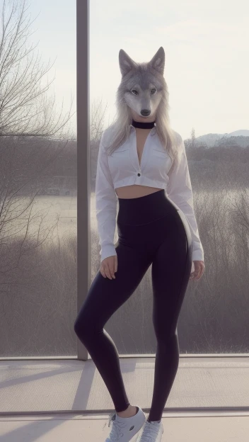 Luna the wolf wereing a tight button up blowes and tight leggings