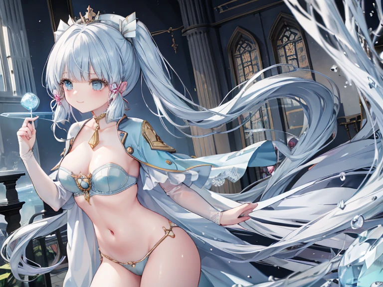 1 woman、Hair that shines like pale aquamarine、fluffy and soft hair、Sparkling aquamarine eyes、爆乳、Too large breasts、Seductive breasts、Sheer underwear、Tiara of the Goddess、goddess god々Feeling、lace cape、aquamarine choker、Castle Room、Long Lace Bale、Ruffles and ribbons、A smile、The upper part of the body、long to, A glowing wand made of aquamarine and crystals.、Wings encrusted with aquamarine、A benevolent look、Aquamarine brilliance、Eternal brilliance、Too large breasts、爆乳、puffy chest、Cinderella's Castle、Navel Ejection、I can see my nipples