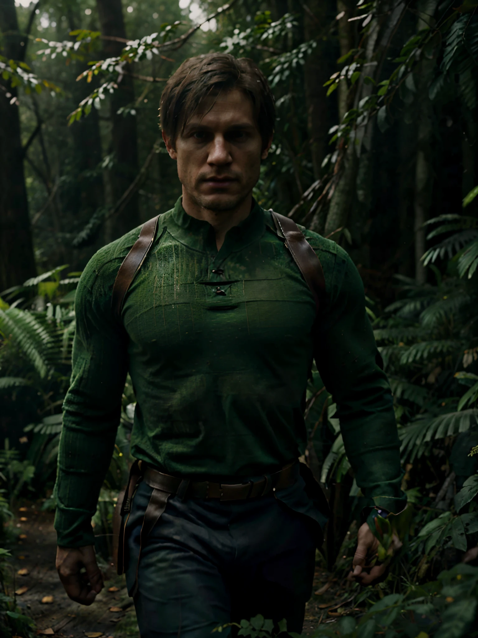 fit man in a green shirt and black pants walking through a forest, inspirado em Steven James Petruccio, cinematic full body shot, inspirado em Adrian Zingg, Retrato no meio da foto, Carson Ellis, fotografia de personagens, retrato verde do duende, medium close - up ( Mcu ), portrait of captain america, Duende Verde, Tom Holland como o Hulk, foto de retrato em close-up