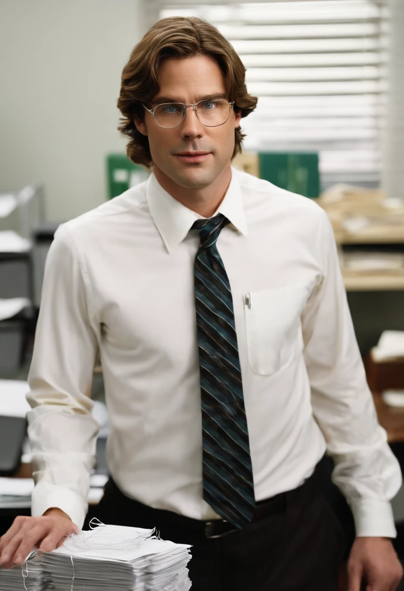 A photo of Jim playfully balancing a stack of paper clips on his nose, with Dwight looking unamused in the background,The Office (U.S. TV series),Jim Halpert, a fictional character from the U.S. television series “The Office,” is portrayed as a tall, lean figure with a boyish charm, often seen in standard office attire: a simple button-up shirt and tie. His hair is typically styled in a casual, slightly unkempt fashion, complementing his laid-back and approachable demeanor.