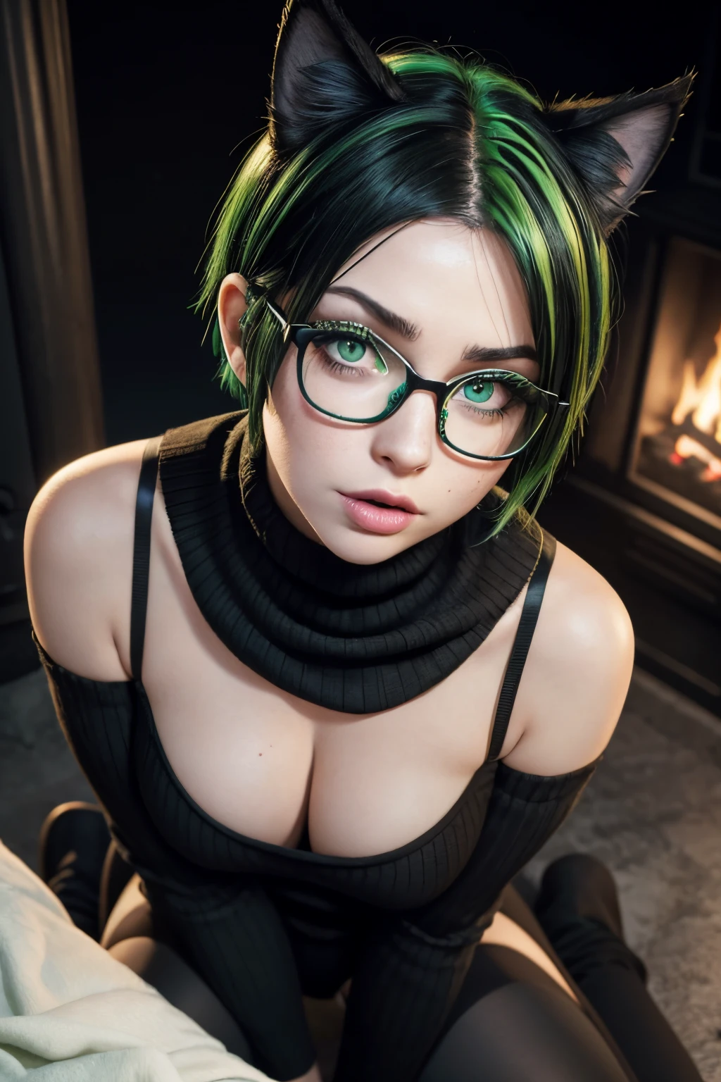 1 goth miqo'te woman, cat ears with green tips, (black and green short wolf cut hair with green highlights), freckles, pale skin, black cat tail, (glasses), green eyes, green lipstick, thick thighs, very shallow DOF, (film grain), (masterpiece), (detailed face:1.2), night photography, dim lighting, realistic, (eyes detail), beautiful, clear image, (best quality:1), extremely detailed face, pov, looking up at viewer, view from above, foreshortening, nighttime, sitting by fireplace, blizzard outside window, wearing a black Aran turtleneck sweater, black leggings, hard nipples under clothing, tongue out, drool, spit dripping, crossed eyes, laying back, legs spread, open legs, pussy, groin, pubic hair, pubes