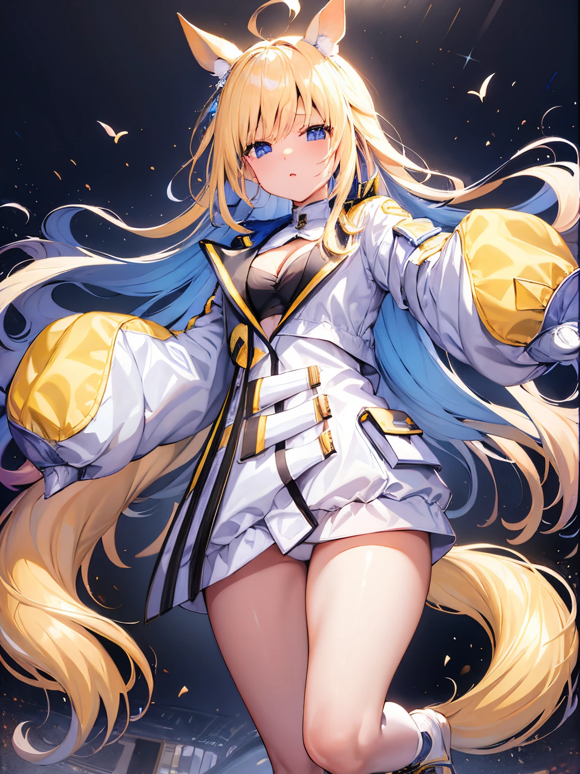 ((tmasterpiece))、top-quality、New universe(Fresh beans)、(1 girl in、独奏)、(Horse Ear、Horse girl)、A beautiful Blue eyes、Clear face、Long blonde hair、Single ear white cover、Fluffy long sleeves、The sleeves are longer than fingers、The sleeve exceeds the wrist、oversize clothes、Clothing clippings、Open jacket、Open your clothes、White jacket、Yellow jacket、Two-tone jacket、Wear white leggings、startup、a closed mouth,((Huge cleavage)),(huge breast)